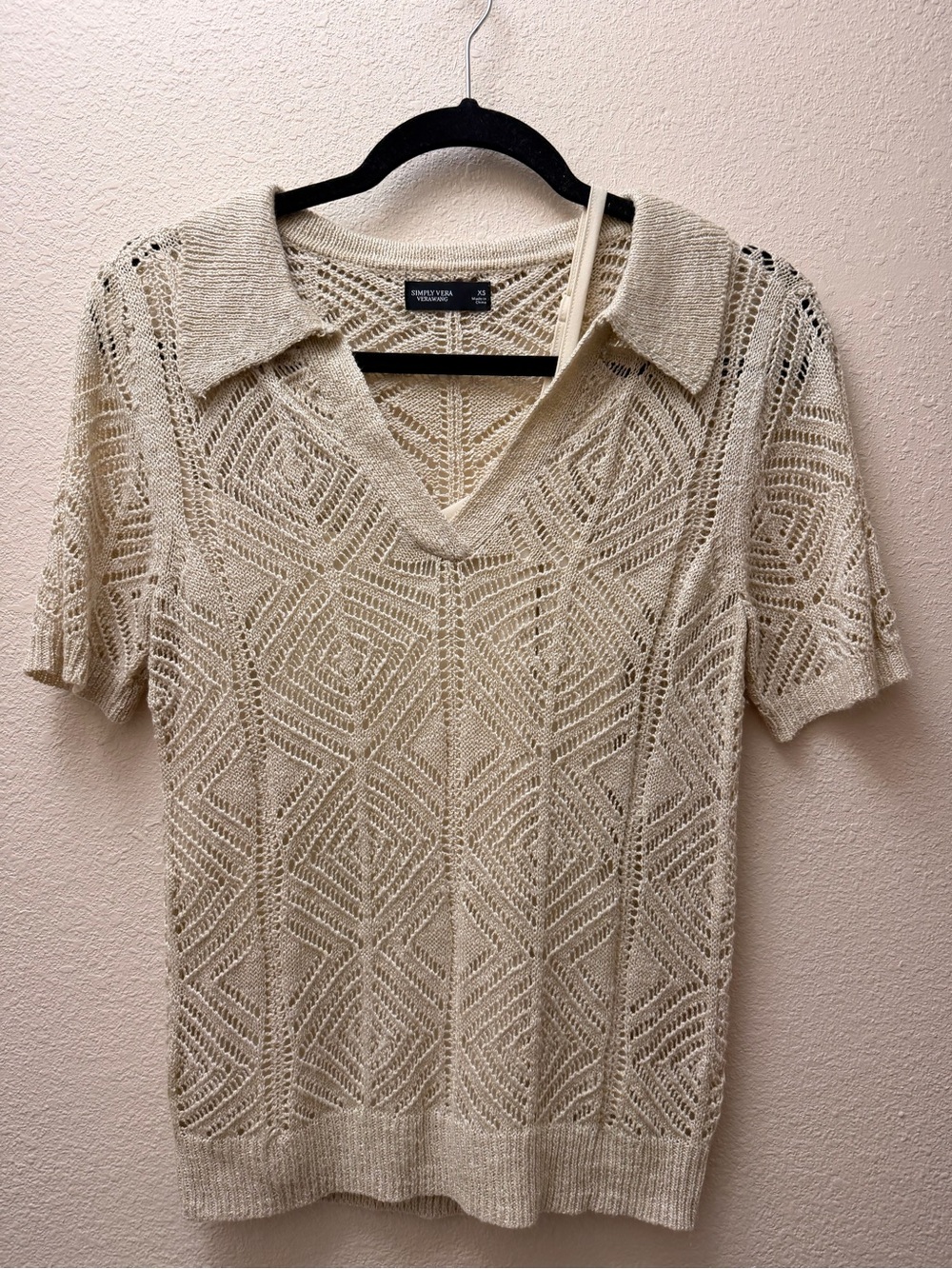 Simply Vera Vera Wang Open-Knit Short Sleeve Polo Sweater in Cream